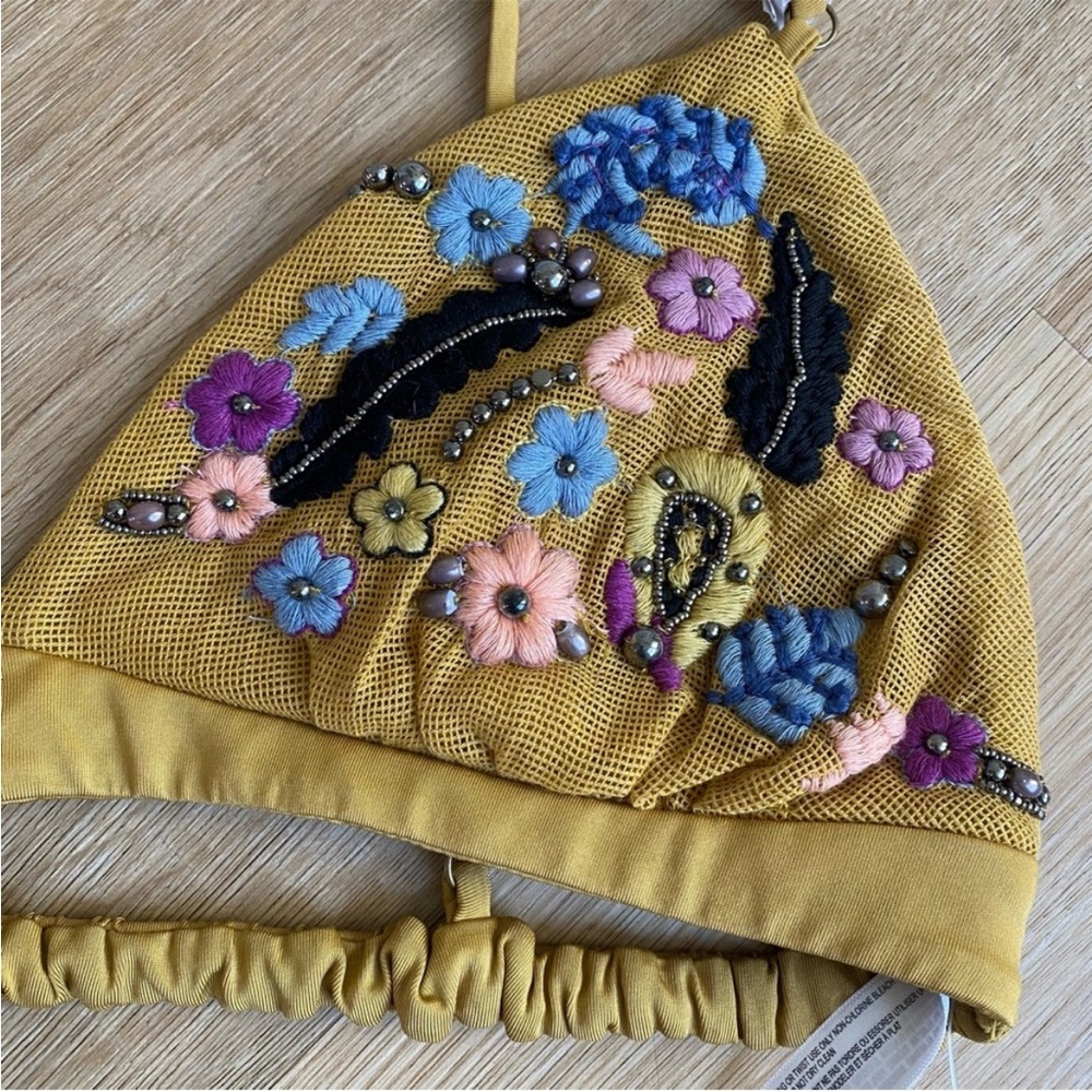 NEW Free People Calla Embellished Mesh Triangle Bralette in Mustard Yellow - Picture 3 of 5